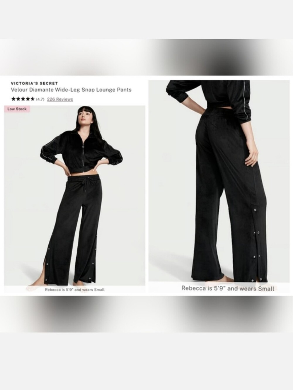 Victoria's secret velour diamante wide-leg snap lounge pants BLACK MEDIUM